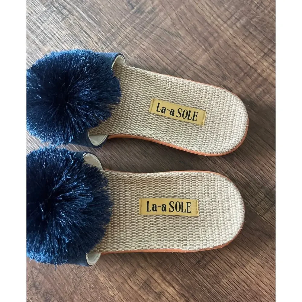 Navy Pom Pom Slide Sandals EU 37-38